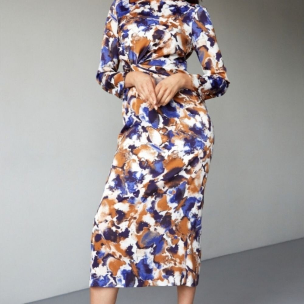 Zara Multicolor Print Satin like Knoted Midi Abstract Colorful Dress Siz…